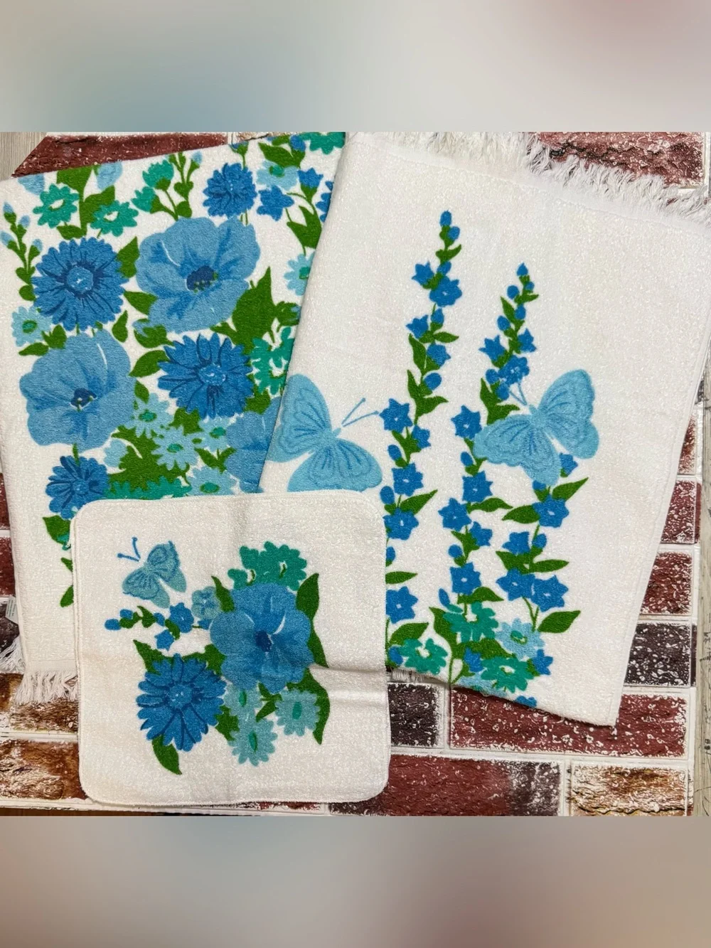 New MCM Vintage 4pc Bath Towel Set Leshner St Mary’s Blue Floral Butterfly